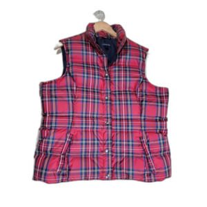 Lands End Women's Red Plaid Puffer Vest - Large